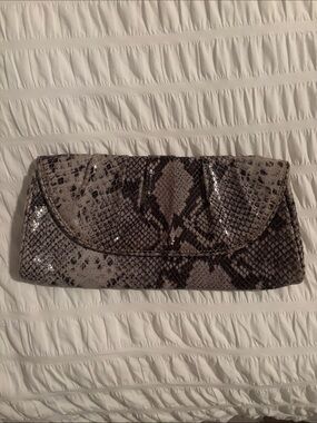 Banana Republic Leather Gathered Gray Snake-Print Envelope Clutch